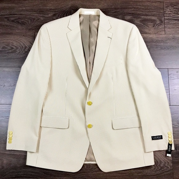 Lauren Ralph Lauren Mens Classic Fit 2 Piece Suit Jacket & Trouser - Tan & White - Picture 5 of 13